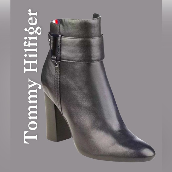 🛑BOGO🆕Tommy Hilfiger Black Leather Ankle Boot - Picture 1 of 8